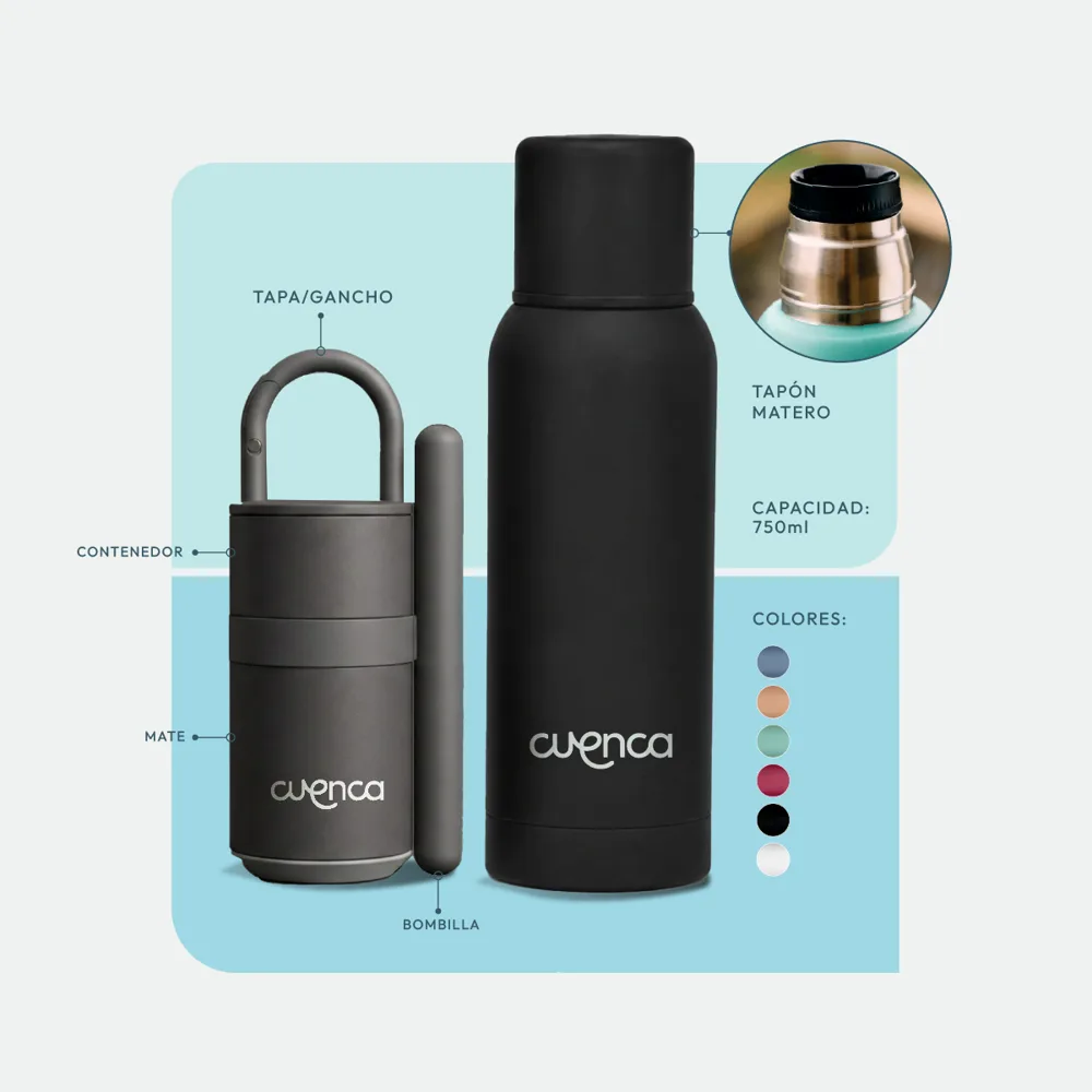 Kit Ronda Esencial: termo de acero negro con set mate integrado