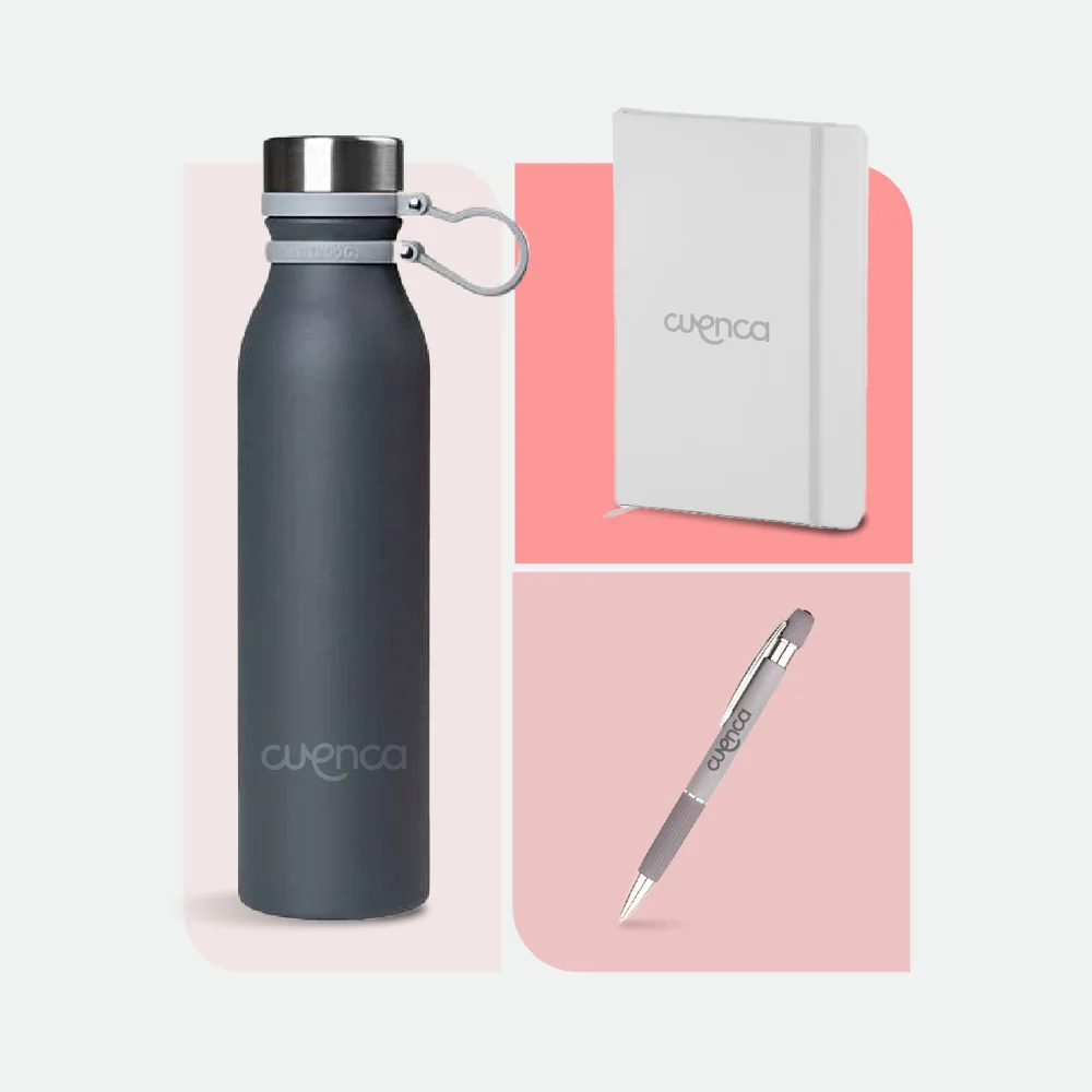 Kit Primer Paso opción 1: botella térmica, libreta blanca y lapicera