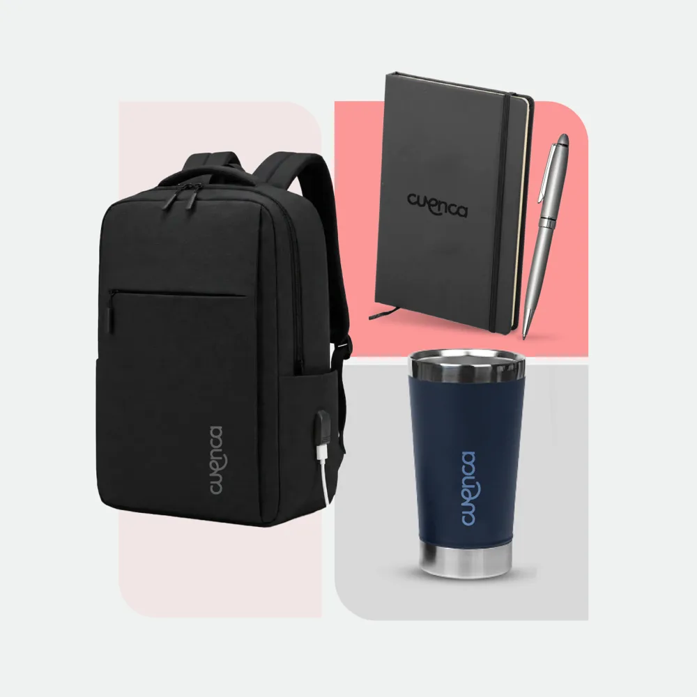 Kit Rumbo: mochila negra y vaso térmico azul
